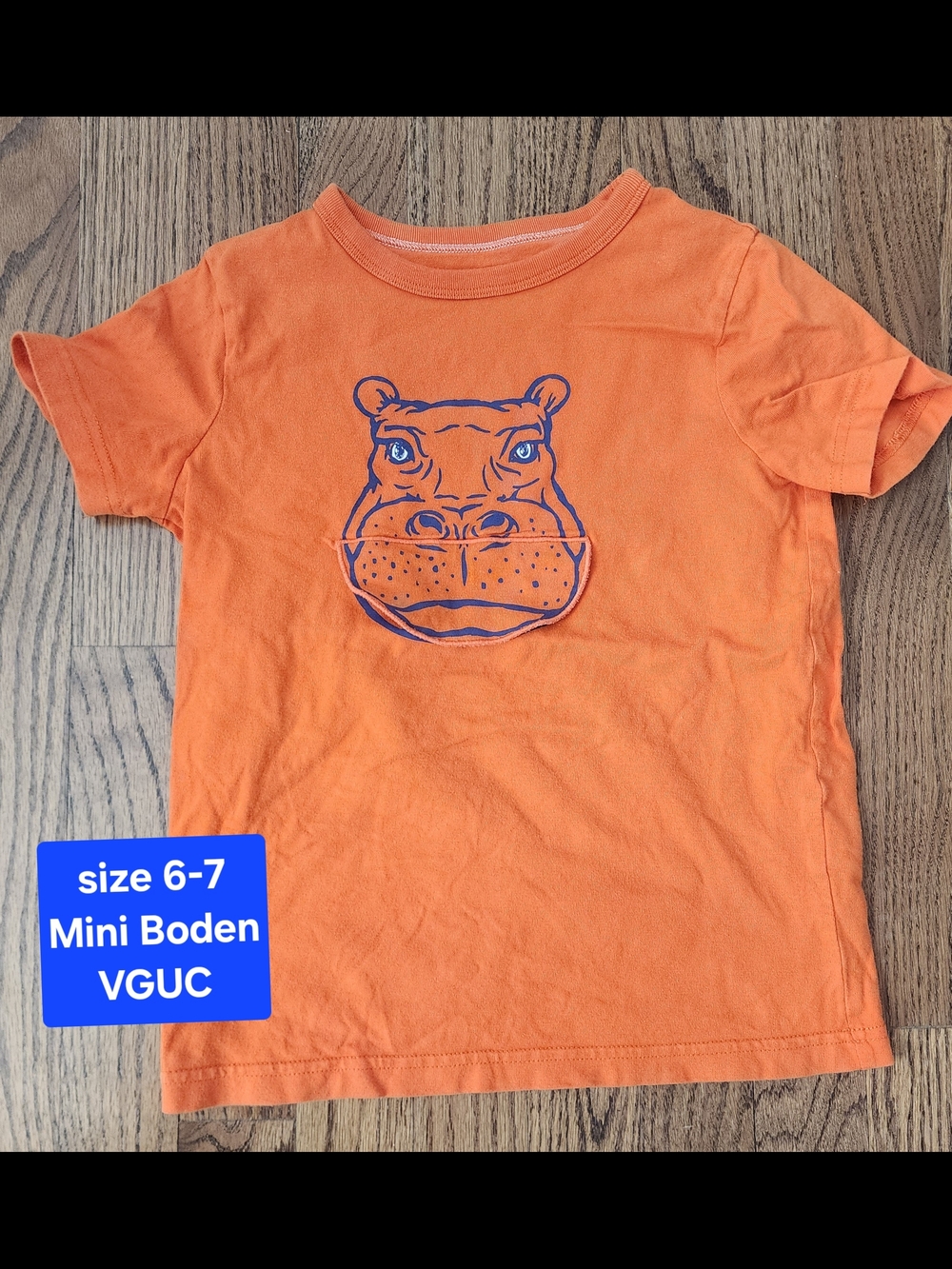 Mini Boden Orange Tee with Blue Hippo Graphic